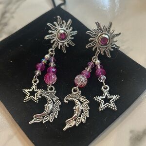 Antique Silver Sun, Moon & Stars with Pink Crystal Earrings-Boutique